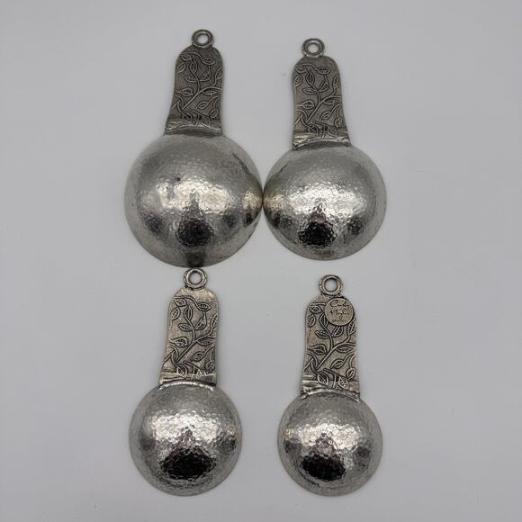 Crosby & Taylor Pewter Measuring Cup Set of 4 Hammered Bird Floral Kitchen Decor - Picture 5 of 8